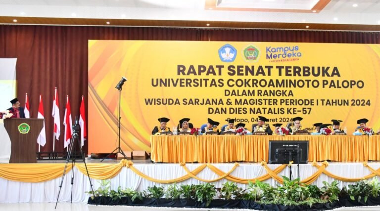 Rapat Senat Terbuka Universitas Cokroaminoto Palopo (UNCP), Wisuda Sarjana dan Magister Periode 1 Tahun 2024 yang dirangkaikan dengan Dies Natalis ke-57. (dok: uncp)